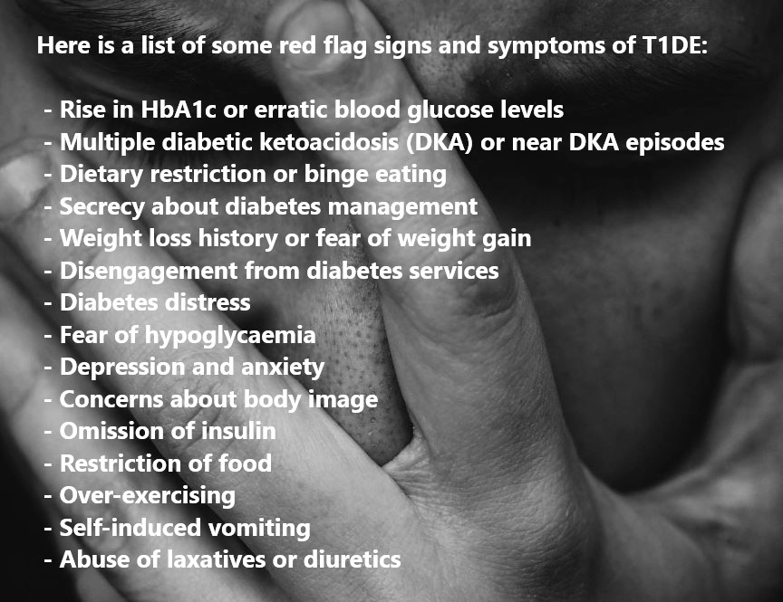 Spotting signs and symptoms of #t1de (diabulimia) can be difficult.

They may be hidden by the person affected.

Below are some red flag examples🚩

#EatingDisordersAwarenessWeek