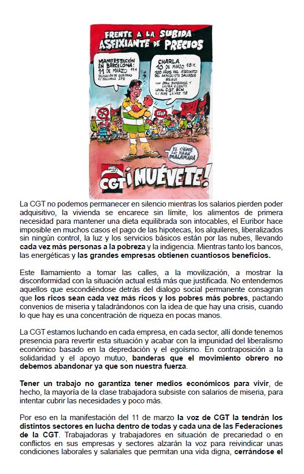 CGTFEHAC's tweet photo. La @CGT ante la subida asfixiante de los precios  tomaremos las calles el #11MlaCGTenBcn

🗓️ 11 marzo
⏱️ 11h
📌 Carrer Mallorca 278 #Barcelona 

El cierre con el grupo de Rap #Malamara en la #Canadiense recordando a #SalvadorSeguí

Y charla dia 10 a las 18h en @CGTBarcelona https://t.co/l6Yhtt3G8r