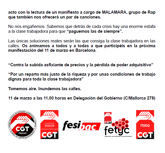 CGTFEHAC's tweet photo. La @CGT ante la subida asfixiante de los precios  tomaremos las calles el #11MlaCGTenBcn

🗓️ 11 marzo
⏱️ 11h
📌 Carrer Mallorca 278 #Barcelona 

El cierre con el grupo de Rap #Malamara en la #Canadiense recordando a #SalvadorSeguí

Y charla dia 10 a las 18h en @CGTBarcelona https://t.co/l6Yhtt3G8r