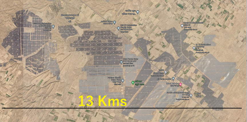 protosphinx's tweet photo. The Biggest Solar Park in the world is not in China.

It's not in US where Musk's Tesla/Solarcity makes Solar Panels

It's in India.

This is a Google Map view (links below)

13km wide. 5700 Hectares. 

2.2GW

Monstrous.

You don't hear about this but we're trying.

And winning. https://t.co/RbrAl1XGoY