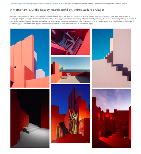 AndresgallardoP's tweet photo. Gm fam! 
🧵
Today I can finally share that my series 'In Memoriam: Muralla Roja by Ricardo Bofill' has been selected as finalist at the Sony World Photography Awards in the professional category. 👇 https://t.co/ETG3MOSjtS