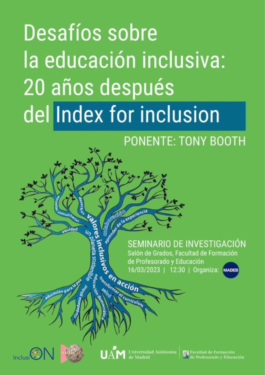 EQUIDEI (@grupoequidei) on Twitter photo El próximo 16 de marzo a las 12.30h la <a href="/FaculEDUAM/">FACULTAD DE FORMACIÓN DEL PROFESORADO Y EDUCACIÓN</a> y el <a href="/madeb_uam/">MADEB UAM</a> acogen al profesor Tony Booth para hablar sobre los desafíos que nos encontramos en la educación inclusiva.
¡Únete!
📍Salón de Grados - Facultad de Formación del Profesorado y Educación <a href="/UAM_Madrid/">UAM Autónoma Madrid</a> El próximo 16 de marzo a las 12.30h la <a href="/FaculEDUAM/">FACULTAD DE FORMACIÓN DEL PROFESORADO Y EDUCACIÓN</a> y el <a href="/madeb_uam/">MADEB UAM</a> acogen al profesor Tony Booth para hablar sobre los desafíos que nos encontramos en la educación inclusiva.
¡Únete!
📍Salón de Grados - Facultad de Formación del Profesorado y Educación <a href="/UAM_Madrid/">UAM Autónoma Madrid</a>