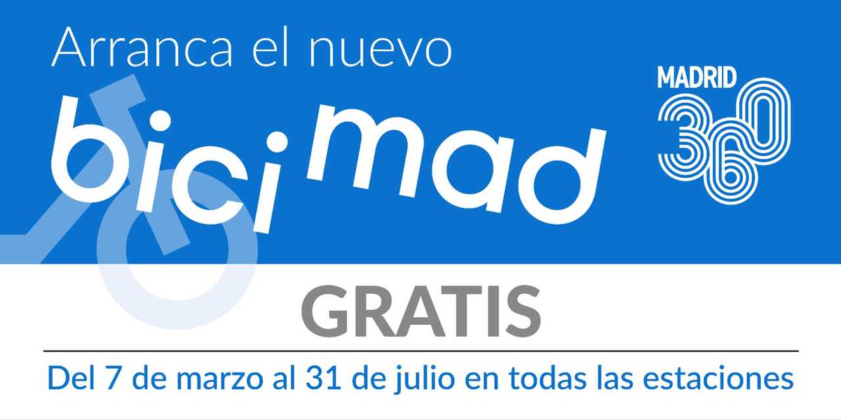 MADRID's tweet photo. 📢Incentivamos la movilidad ciclista en #Madrid con la implantación del nuevo sistema público de alquiler de bicicletas 🚲.

✅#bicimad será totalmente gratuito desde el próximo 7 de marzo hasta el 31 de julio.

👉https://t.co/ZX37y1DWmC
#Madrid360 https://t.co/zKv7O4qweU