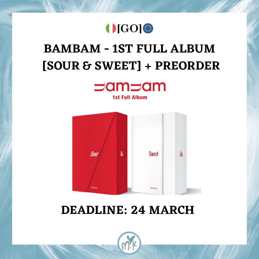 MIK_GO2's tweet photo. 🇮🇹🇪🇺[#GO💿] 💿#BamBam - 1st Full Album [Sour &amp; Sweet] + PREORDER 

WEVERSE SHOP:
1 Book 💶 35€

KTOWN4U:
1 Book 💶 27€

‼️Scadenza/Deadline: 24 March!

📦 SS KR/IT E DOGANA INCLUSE!
KR/ITA SHIPPING AND CUSTOMS INCLUDED

🇮🇹🇬🇧 https://t.co/QmhtZlfsPg

#got7go #got7bambam #got7 https://t.co/s2msZtOPyV