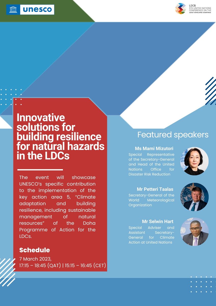 Faduma Ali (@afaduma) on Twitter photo One commitment. One cause. One goal. BUILDING RESILIENCE.
Join us on 7 March at #LDC5 as <a href="/UNESCO/">UNESCO 🏛️ #Education #Sciences #Culture 🇺🇳</a> promotes innovative solutions to build resilience for natural hazards. One commitment. One cause. One goal. BUILDING RESILIENCE.
Join us on 7 March at #LDC5 as <a href="/UNESCO/">UNESCO 🏛️ #Education #Sciences #Culture 🇺🇳</a> promotes innovative solutions to build resilience for natural hazards.
