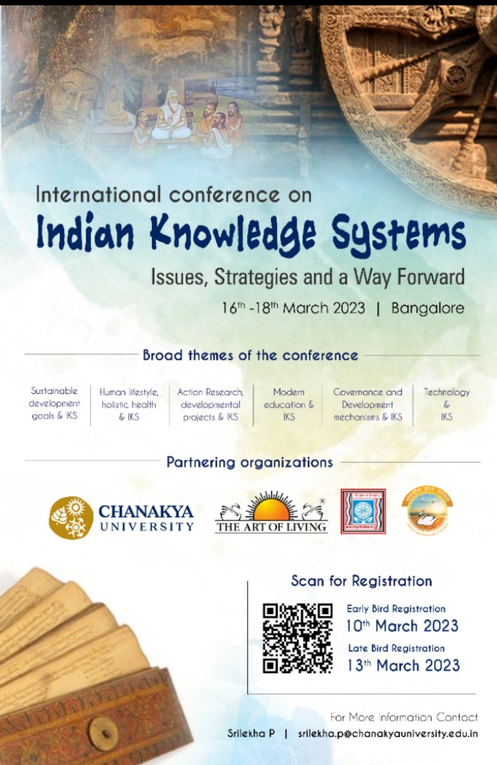CentralSanskrit's tweet image. #INDIANKNOWLEDGESYSTEM
International Conference on
INDIAN KNOWLEDGE SYSTEMS
(Issues, Strategies and a Way Forward)
from 16-18 March 2023, Bangalore
Partnering Organizations
@ChanakyaUni 
@ArtofLiving @BangaloreAshram 
@CentralSanskrit @AICTE_INDIA