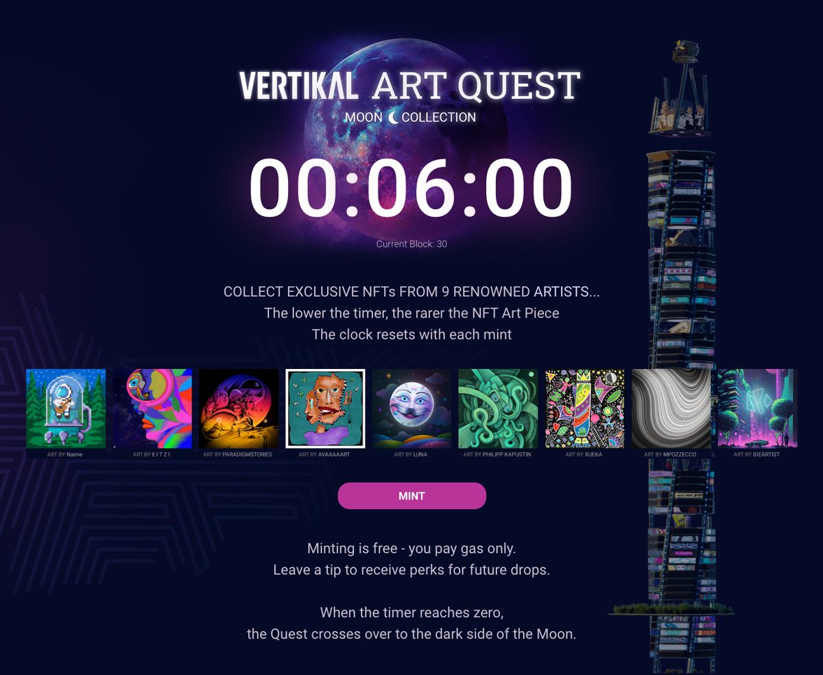 All Artists have been revealed!👀

👉MINT the full collection now
so you don't  miss out on this OG🌕💎moon phase
Link in thread⬇️⬇️

When the counter reaches zero the game will pause &amp; when it starts again OG NFTs will be gone forever

Tick, tick, tick...

#vertikalartquest
