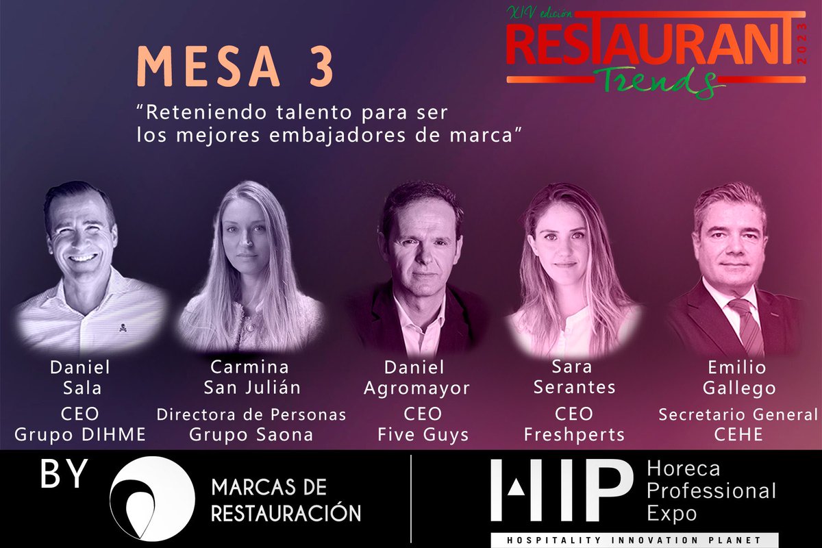MdRestauracion's tweet photo. 🤞🏼El #talento es muy importante para ser los mejores embajadores de #marca‼️
🔵Directivos de @FiveGuys_ES, @gruposaona, #grupodihme y #freshperts forman la 3ª mesa de #RTrends23
✨ “Reteniendo talento para ser los mejores embajadores de marca”
🎙️Moderada por @egallegoCEHE https://t.co/IpAbn0pMyn