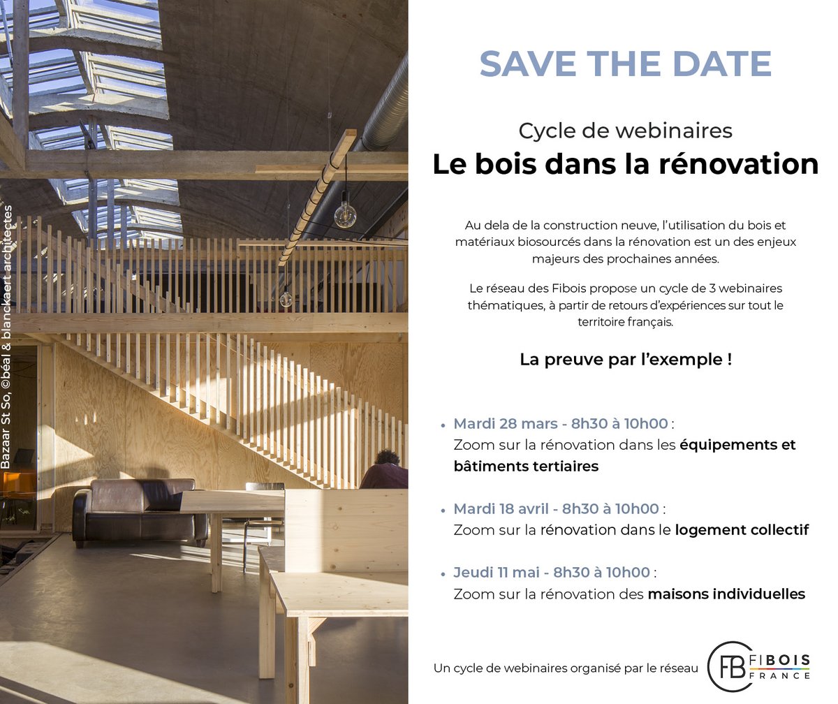 🗓️ Save The Date : #Webinaires sur le #Bois dans la #Rénovation 🏗️🪵🏡
💡80% des bâtiments de demain sont déjà là : la rénovation est un enjeu incontournable pour le bâtiment et le bois &amp; les biosourcés ont leur place à prendre ! 
Infos et inscriptions 👉 fibois-france.fr/cycle-de-webin…