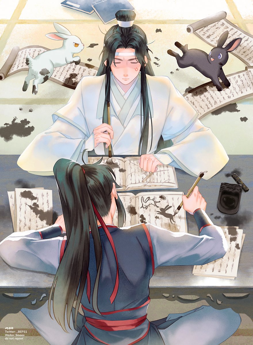 2boys paintbrush multiple boys rabbit long hair chinese clothes black hair  illustration images