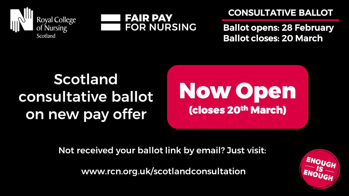 Our ballot of members working in the NHS is now open to ask if they accept or reject the new pay offer. If you haven't received your invite to participate, just visit rcn.org.uk/scotlandconsul… to have your say 

#FairPayForNursing