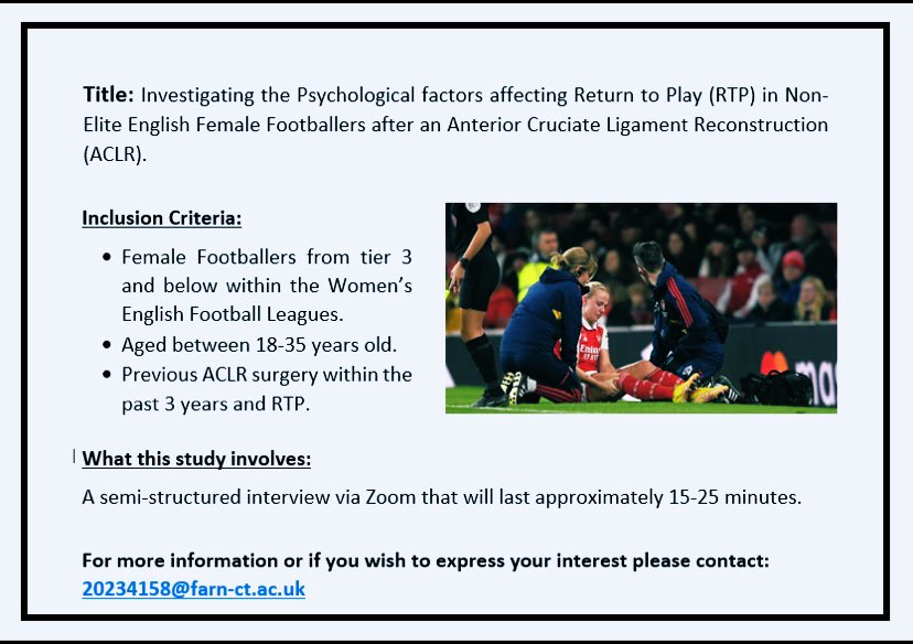 I am recruiting for a study about the ACLR in non-elite female footballers for my dissertation. If you would like to take part or know anyone who meets the criteria please get in touch with me at 20234158@farn-ct.ac.uk and I will email you the details. Thank you in advance 😊