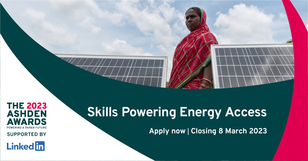 LAST DAYS TO APPLY! Get your applications in NOW!

📢The #23AshdenAwards are open to projects bringing skills to marginalised groups in low-income countries, helping them:

💡 join the #cleanenergy workforce
💼 transition from training to paid employment
 bit.ly/3HaI3KU