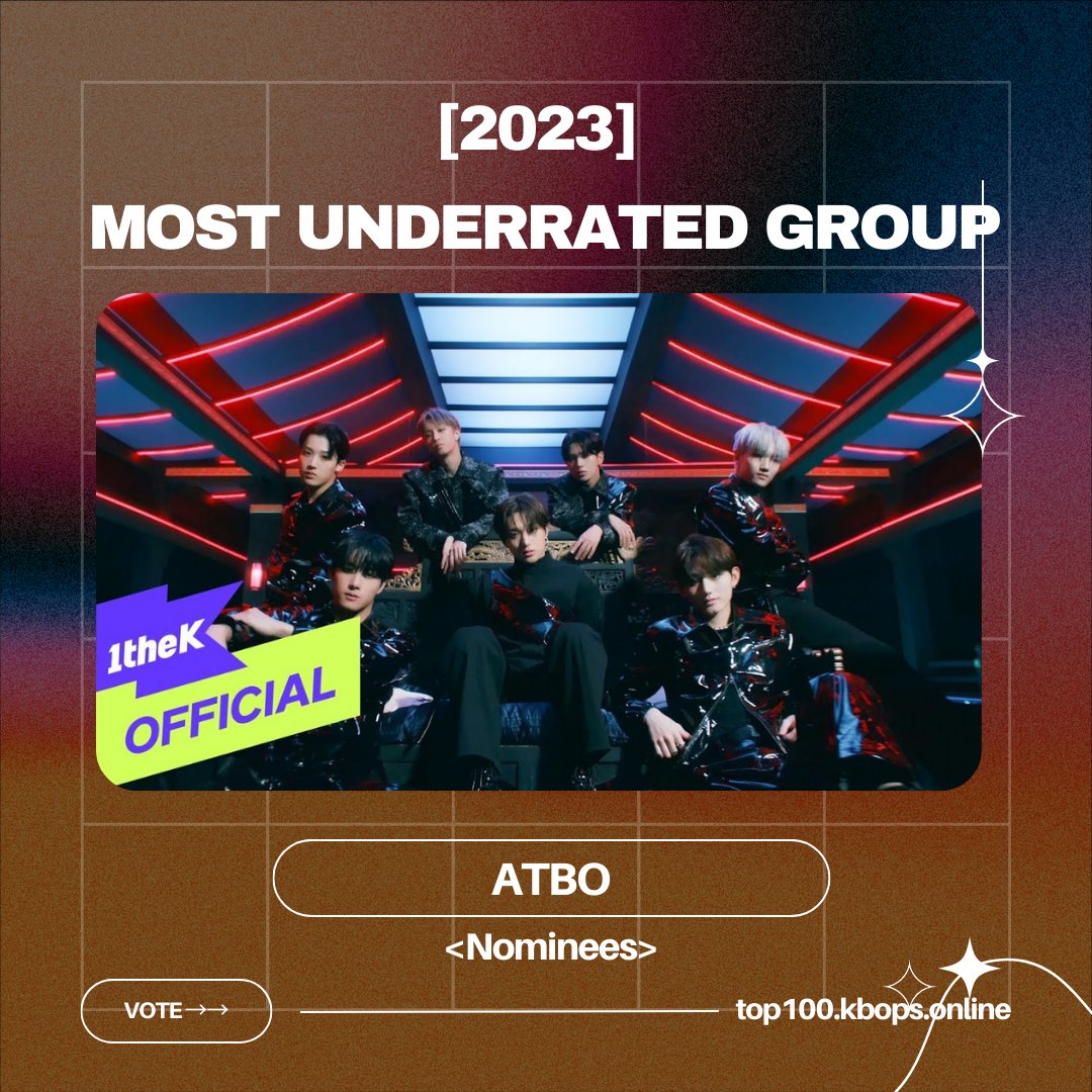 <#KPOPTOP100> | #ATBO

<a href="/ATBO_ground/">ATBO</a> is nominated for the Most Underrated KPOP IDOL group of 2023!

[Rewards 🏆] 3 DAYS Youtube [▶︎]  MV ADs

[VOTE NOW ]→→ top100.kbops.online

👇🏽 250 retweets to get additional 500 Votes!