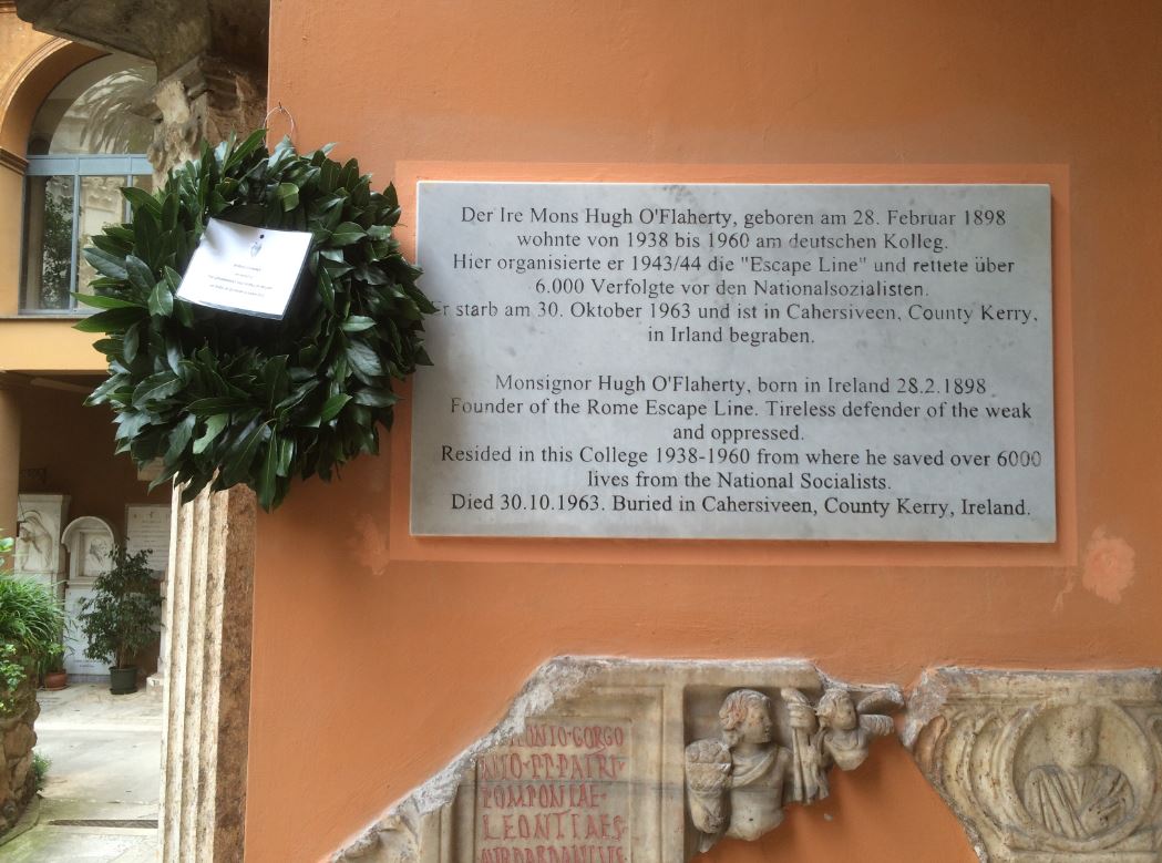 IrlEmbHolySee's tweet photo. #OTD in 1898 an Irish hero was born.  Monsignor Hugh O' Flaherty saved over 6000 lives in nazi-occupied Rome during WWII. 
Amb Collins recently visited the Collegio Teutonico inside the Vatican, where Mons. Hugh resided during the war and viewed the plaque to honour his memory. https://t.co/5DzhFhed2z