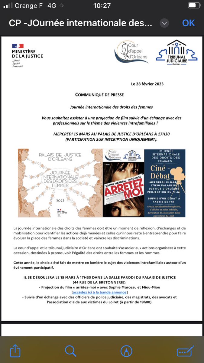 PG_orleans's tweet photo. #journeeinternationaledesdroitsdesfemmes la cour d’appel et le tribunal judiciaire organisent le 15 mars un ciné-débat sur le sujet des violences conjugales toutes les informations ici https://t.co/grA2YJ25vn @ProcOrleans https://t.co/481Zi5jreb