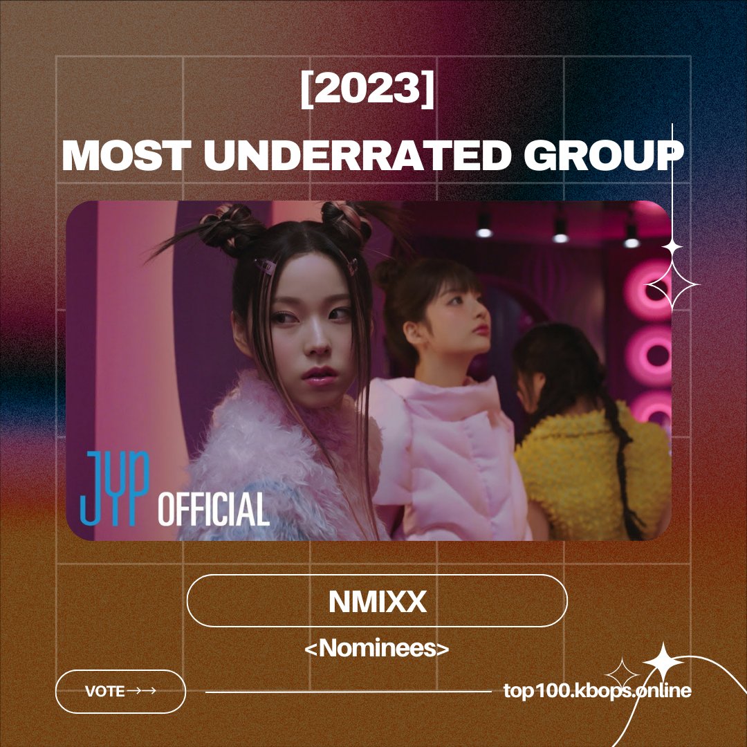 &lt;#KPOPTOP100&gt; | #NMIXX

<a href="/NMIXX_official/">NMIXX</a> is nominated for the Most Underrated KPOP IDOL group of 2023!

[Rewards 🏆] 3 DAYS Youtube [▶︎]  MV ADs

[VOTE NOW ]→→ top100.kbops.online

👇🏽 250 retweets to get additional 500 Votes!