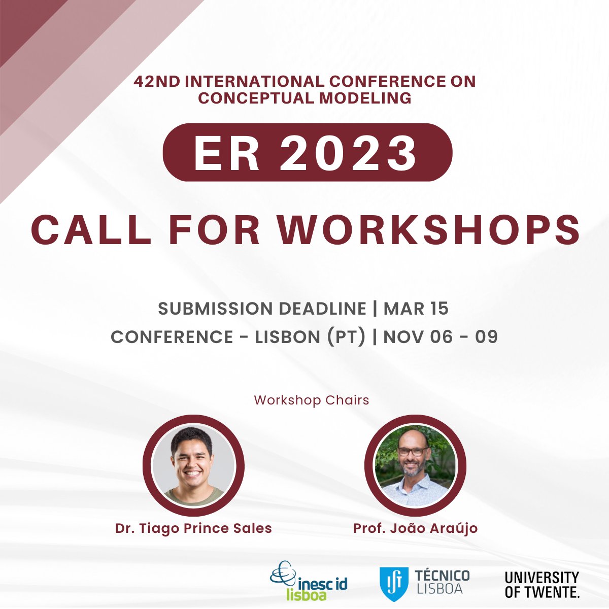Deadline Reminder! Call for Workshop Proposals for #er2023 is now open! Prof. João Araujo (<a href="/NOVAunl/">NOVA</a>) and Dr. Tiago Prince Sales (<a href="/UTwente/">University of Twente (inactive)</a>) invite submissions until 15/03. More information at er2023.inesc-id.pt/calls/workshop….