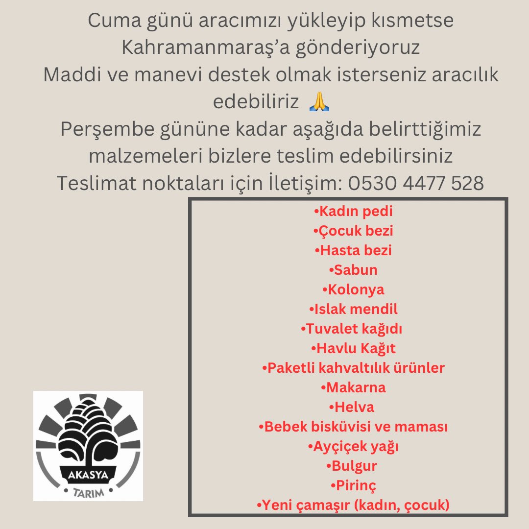 Kahramanmaraş’a gidiyoruz birebir aşevimize erzak götüreceğiz, bir paket dahi yardımda bulunmak isterseniz bekleriz 🙏