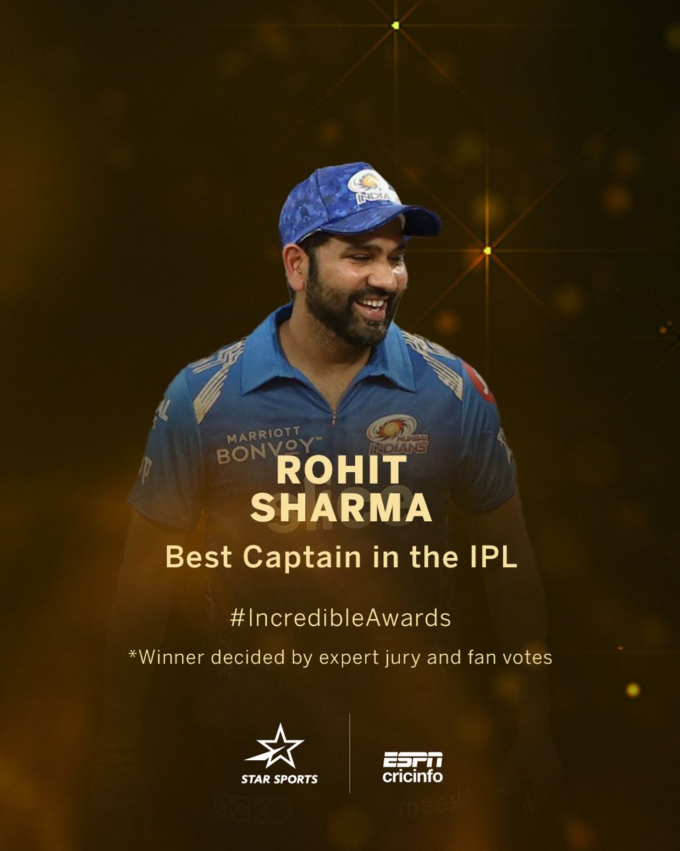 cricinfo's tweet photo. With 5 IPL titles, Rohit Sharma leads the way as the most successful skipper in the tournament's history 🏆
#IncredibleAwards #15YearsOfIPL @StarSportsIndia https://t.co/nK3sdwKzuO