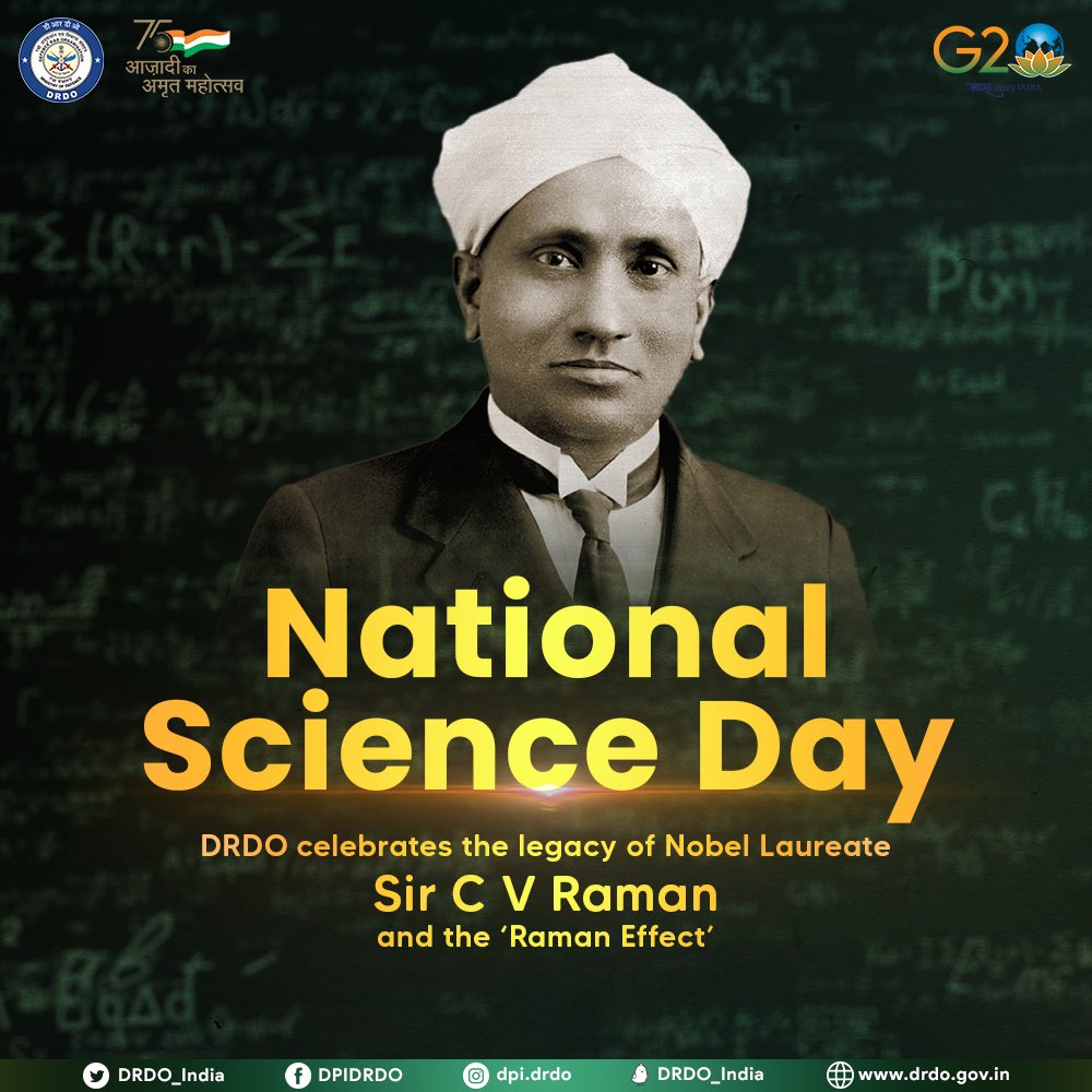 #DRDOUpdates | On #NationalScienceDay, #DRDO fraternity celebrates the discovery of ‘Raman Effect’. Sir C V Raman’s quest for scientific excellence continues to inspire all our scientists to make India a global R&D leader.
@DefenceMinIndia 
@SpokespersonMoD