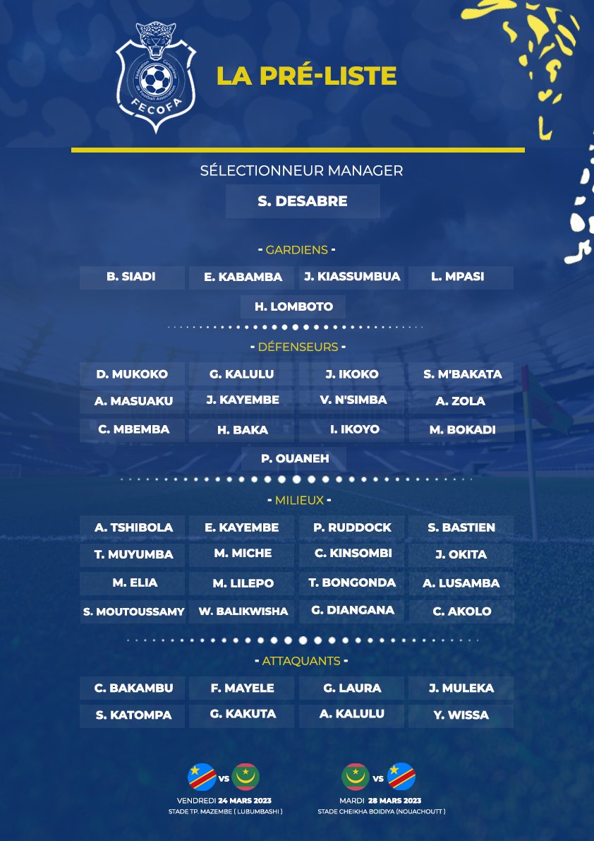 danilo_itutu's tweet photo. RDC 🇨🇩 - MAURITANIE 

Sébastien Desabre fait le choix de 42 joueurs présélectionnés avec notamment le retour de Bakambu.

Plusieurs nouveaux visages à signaler :
Joris Kayembe (Cherleroi)
Salem Mbakata (Aris)
C. Kisombi (SV Sandhausen)
Gael Laura (Samsunspor)

Qu'en pensez vous ? https://t.co/dLpAuJRlJz