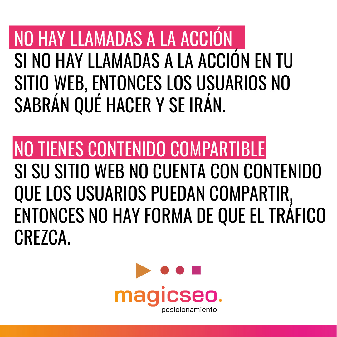 Aquí te dejamos algunos de los problemas que hacen que el tráfico de tu sitio web no crezca.

¡Desliza!

#tráfico #sitioweb #posicionamiento #llamadasalaacción #diseño #compartir #usuarios #contenidorelevante #SEO