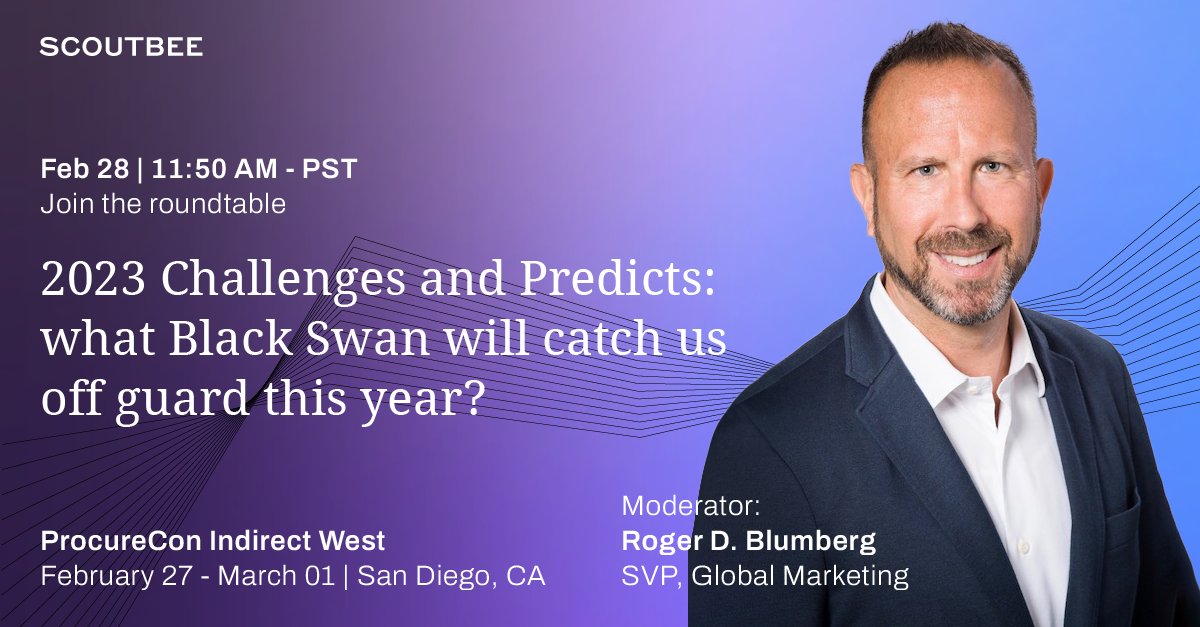 ProcureCon Indirect West is in full swing! Drop by booth 406 to learn how Scoutbee can help optimize your #procurement processes. 

⚠️ Don't miss @rdblumberg's roundtable later today (11:50 AM | PST, General Session) & find out the answer to the question in the banner below!