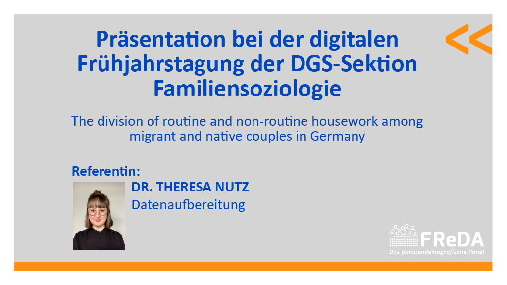 Am Donnerstag, 02.03. wird @theresanutz von @gesis_org einen Vortrag bei der Frühjahrstagung der #DGS_Sektionen Familiensoziologie halten. Es geht um die Aufteilung von Routine- und Nicht-Routine-Hausarbeiten in Paaren mit und ohne Migrationserfahrung in Deutschland.