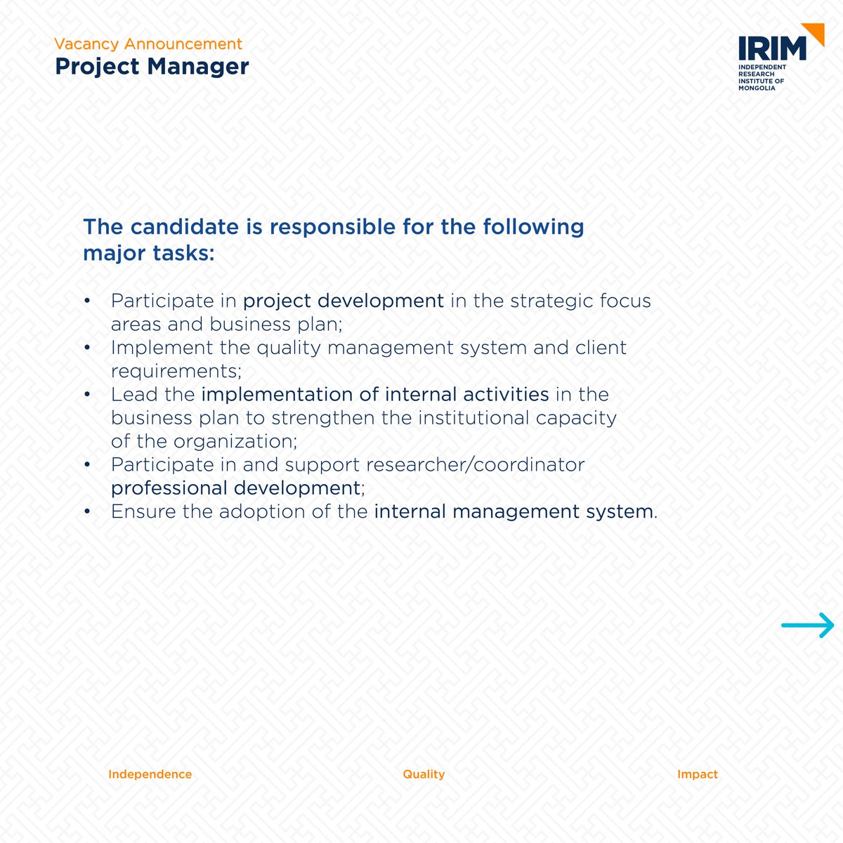 irim_mongolia's tweet photo. 📢 VACANCY ANNOUNCEMENT
🎯 Independent Research Institute of Mongolia (IRIM) is announcing a full-time vacancy for a "PROJECT MANAGER".
⬇️ For details, please see the below Vacancy Announcement:
https://t.co/4JuhuunsuR https://t.co/pjjQAcEGLg
