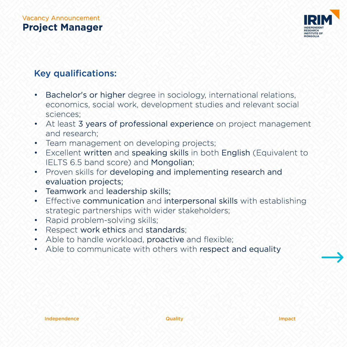 irim_mongolia's tweet photo. 📢 VACANCY ANNOUNCEMENT
🎯 Independent Research Institute of Mongolia (IRIM) is announcing a full-time vacancy for a "PROJECT MANAGER".
⬇️ For details, please see the below Vacancy Announcement:
https://t.co/4JuhuunsuR https://t.co/pjjQAcEGLg