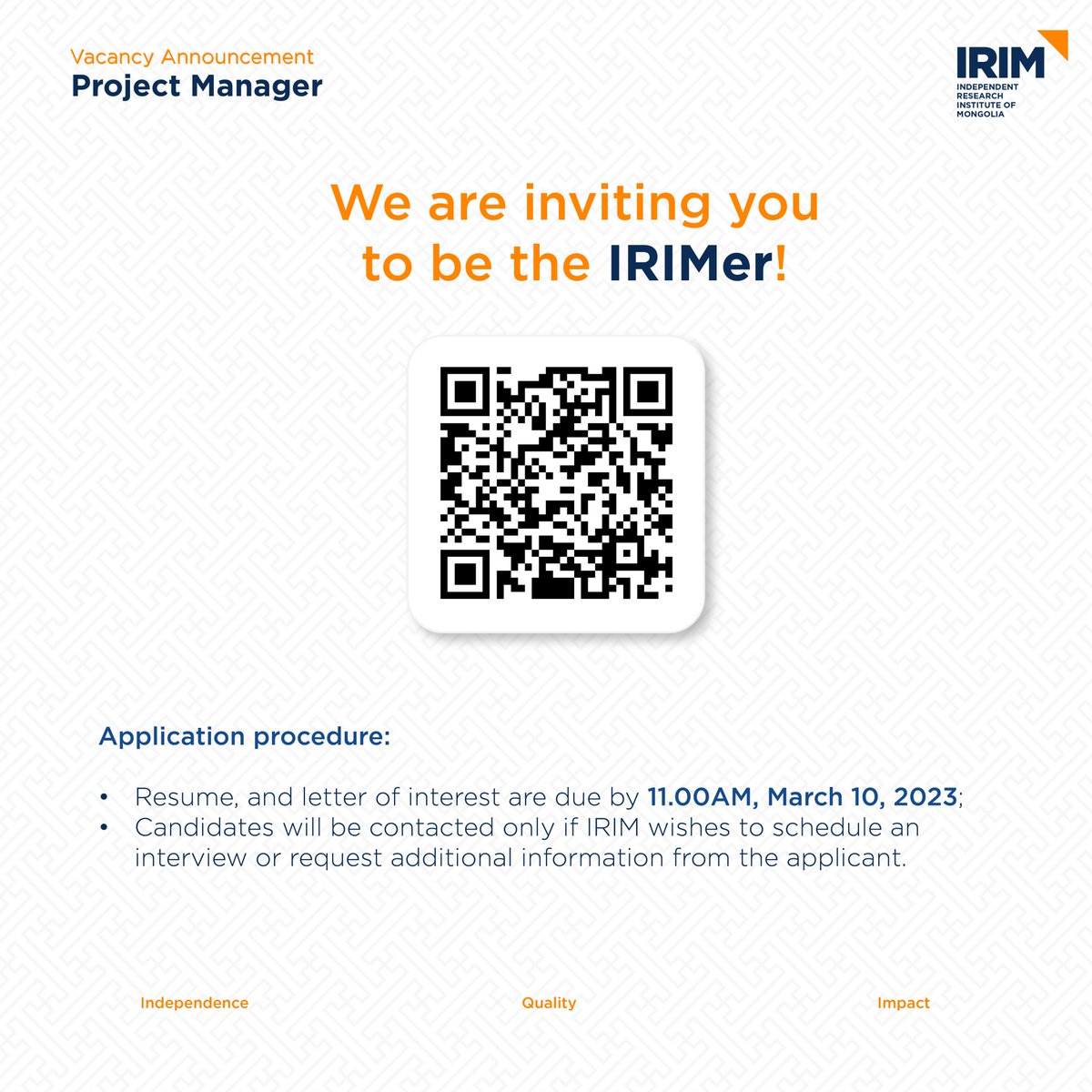 irim_mongolia's tweet photo. 📢 VACANCY ANNOUNCEMENT
🎯 Independent Research Institute of Mongolia (IRIM) is announcing a full-time vacancy for a "PROJECT MANAGER".
⬇️ For details, please see the below Vacancy Announcement:
https://t.co/4JuhuunsuR https://t.co/pjjQAcEGLg