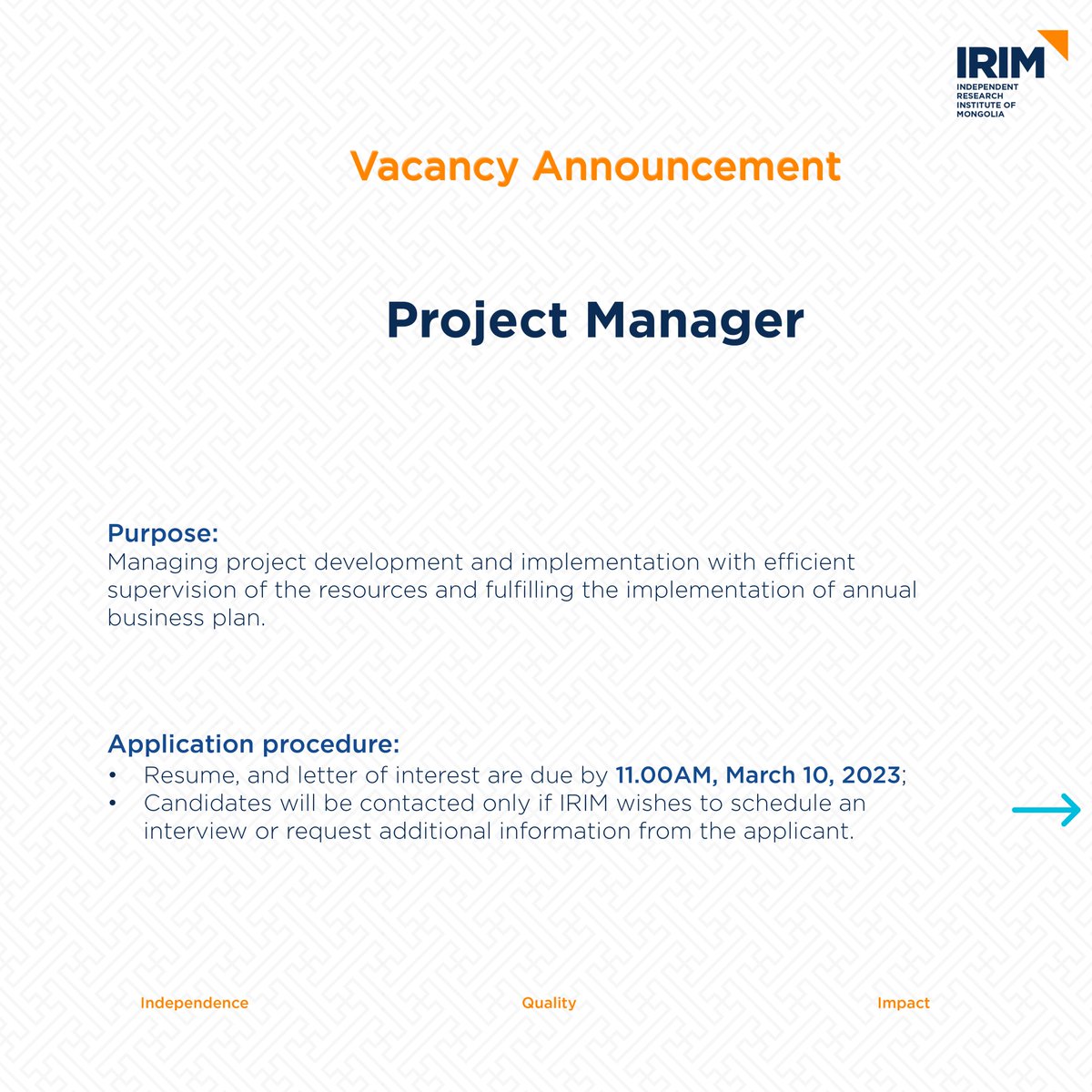 irim_mongolia's tweet photo. 📢 VACANCY ANNOUNCEMENT
🎯 Independent Research Institute of Mongolia (IRIM) is announcing a full-time vacancy for a "PROJECT MANAGER".
⬇️ For details, please see the below Vacancy Announcement:
https://t.co/4JuhuunsuR https://t.co/pjjQAcEGLg