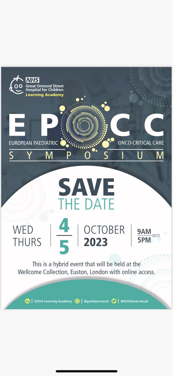 Second European Paediatric-Onco Critical Care Symposium 4-5th October in London - SAVE THE DATE. Abstract call soon, fantastic speakers, great weather guaranteed…. ⁦@PCCS_UK⁩ ⁦@ESPNIC_Society⁩