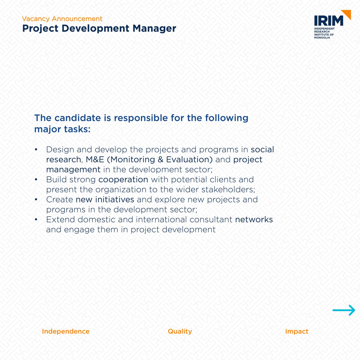 irim_mongolia's tweet photo. 📢 VACANCY ANNOUNCEMENT
🎯 Independent Research Institute of Mongolia (IRIM) is announcing a full-time vacancy for a "PROJECT DEVELOPMENT MANAGER".
⬇️ For details, please see the below Vacancy Announcement:
https://t.co/pYJd2QrVyP https://t.co/7cwsGNKxrD