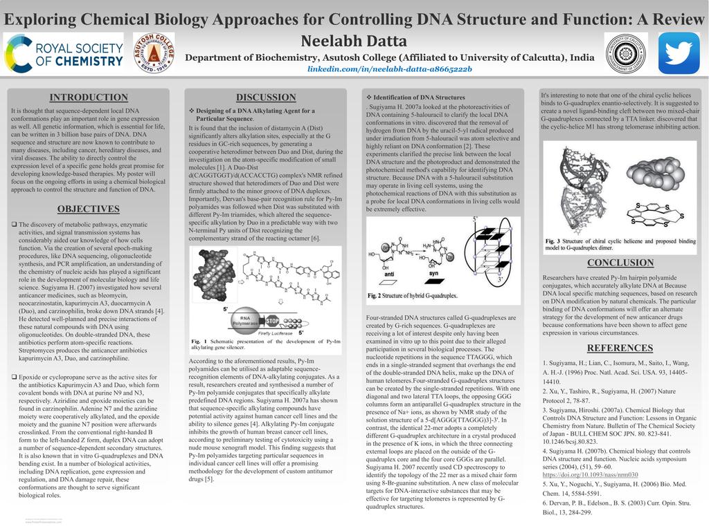 Ready, set, SCIENCE! 🧬 Excited to share my #RSCPoster on 'Exploring Chemical Biology Approaches for Controlling DNA Structure and Function' for the @RoySocChem Twitter poster competition 2023! 🎉🎊 #ChemicalBiology #DNAStructure #RSCPoster #RSCChemBio #RSCPosterLive