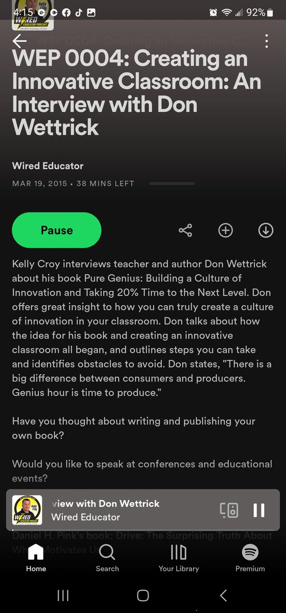 Continued getting ready for gym listening to @kellycroy & @DonWettrick. Don talks about a @TEDTalks with Dan Pink and 20% Time. He talks that learning is not memorizing and was able to create an class  where 20% rule was allowed. Don talks about teaching students how to navigate