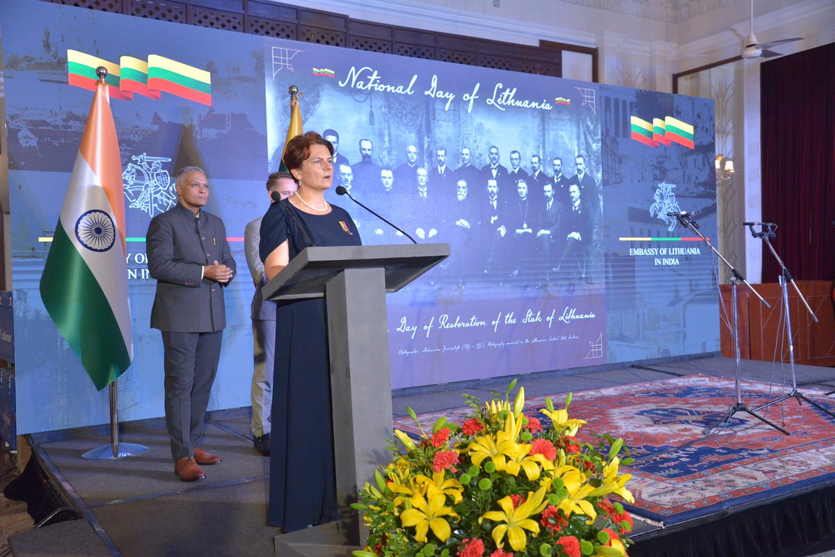 LTEmbassyDelhi's tweet photo. 🇱🇹Lithuanian Embassy in New Delhi celebrated 105th Anniversary of Restoration of the State of Lithuania. Ambassador @DMickeviciene, LT VCM for Economy &amp; Innovation @ZemaitisKarolis welcomed Chief Guest @SanjayVermalFS. Ao Naga choir performed National anthems. https://t.co/hzEKf0Qnnc