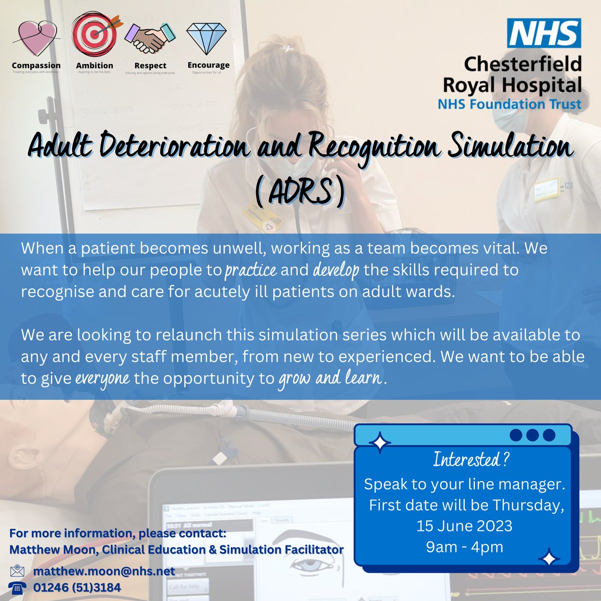 Adult Deterioration and Recognition Simulation (ADRS) 📆 Thursday, 15 June 2023 ⏰ 9am - 4pm 📍 Lecture Room A & B, Education Centre, @royalhospital For more information, please contact @RNMatthewMoon1