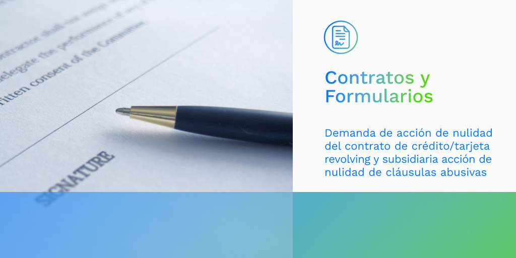 vlex_es's tweet image. 📃Demanda de acción de nulidad del contrato de crédito/tarjeta #revolving y subsidiaria acción de nulidad de #CláusulasAbusivas

Consulta el formulario actualizado ow.ly/29l850N4rcV