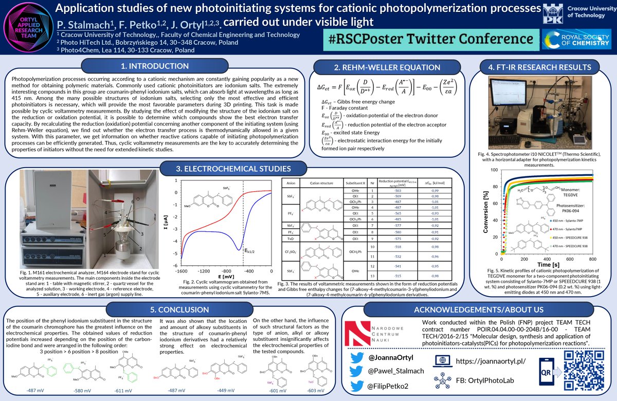 Pawel_Stalmach's tweet photo. I am delighted to share my #RSCPoster on the topic of #photoinitiators #cyclic_voltammetry #iodonium_salts #photoinitiating_systems #3D_printing
@RoySocChem @JoannaOrtyl @PhotoHiTech @Photo4Chem #OrtylPhotoLab #RSCPhys, #RSCMat, #RSCEng π₯³π https://t.co/YcLRP3gTWq