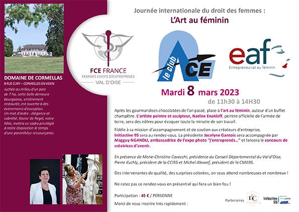 CCI Val-d'Oise 🇫🇷 (@cci_95) on Twitter photo #8mars : Journée internationale des droits des femmes
Le Club ACE, les <a href="/FCEFrance/">FCE France</a> et les EAF95 co-organisent un déjeuner au Domaine des Cormellas de 11h à 15h.
Je m'inscris : lnkd.in/espXfMvB
L’art au féminin sera le thème central
Hommes et femmes sont les bienvenus ! #8mars : Journée internationale des droits des femmes
Le Club ACE, les <a href="/FCEFrance/">FCE France</a> et les EAF95 co-organisent un déjeuner au Domaine des Cormellas de 11h à 15h.
Je m'inscris : lnkd.in/espXfMvB
L’art au féminin sera le thème central
Hommes et femmes sont les bienvenus !