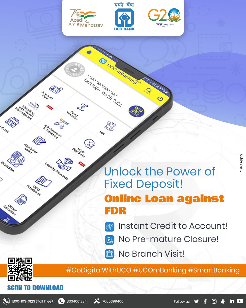 UCOBankOfficial's tweet photo. Get #Loan against your #FixedDeposits without visiting your #Bank. T&C Apply. #GoDigitalWithUCO #UCOmBanking #SmartBanking #UCOTURNS80 https://t.co/frj0Z1zf6F