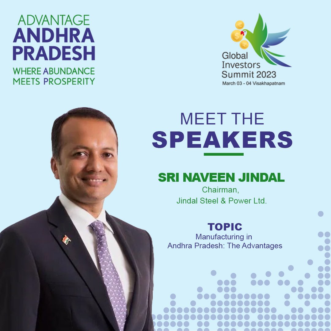 #APGIS2023 #MeetTheSpeakers

The #APGlobalInvestorsSummit will be graced by the esteemed presence of Sri Sajjan Bhajanka, Mr. Martin Eberhard, Sri <a href="/sanjivrbajaj/">Sanjiv Bajaj</a> and Sri <a href="/MPNaveenJindal/">Naveen Jindal</a>.

Stay tuned for more!
advantageap.in

<a href="/AndhraPradeshCM/">CMO Andhra Pradesh</a> <a href="/gudivadaamar/">Gudivada Amarnath</a> <a href="/BugganaRaja/">Buggana Rajendranath</a>