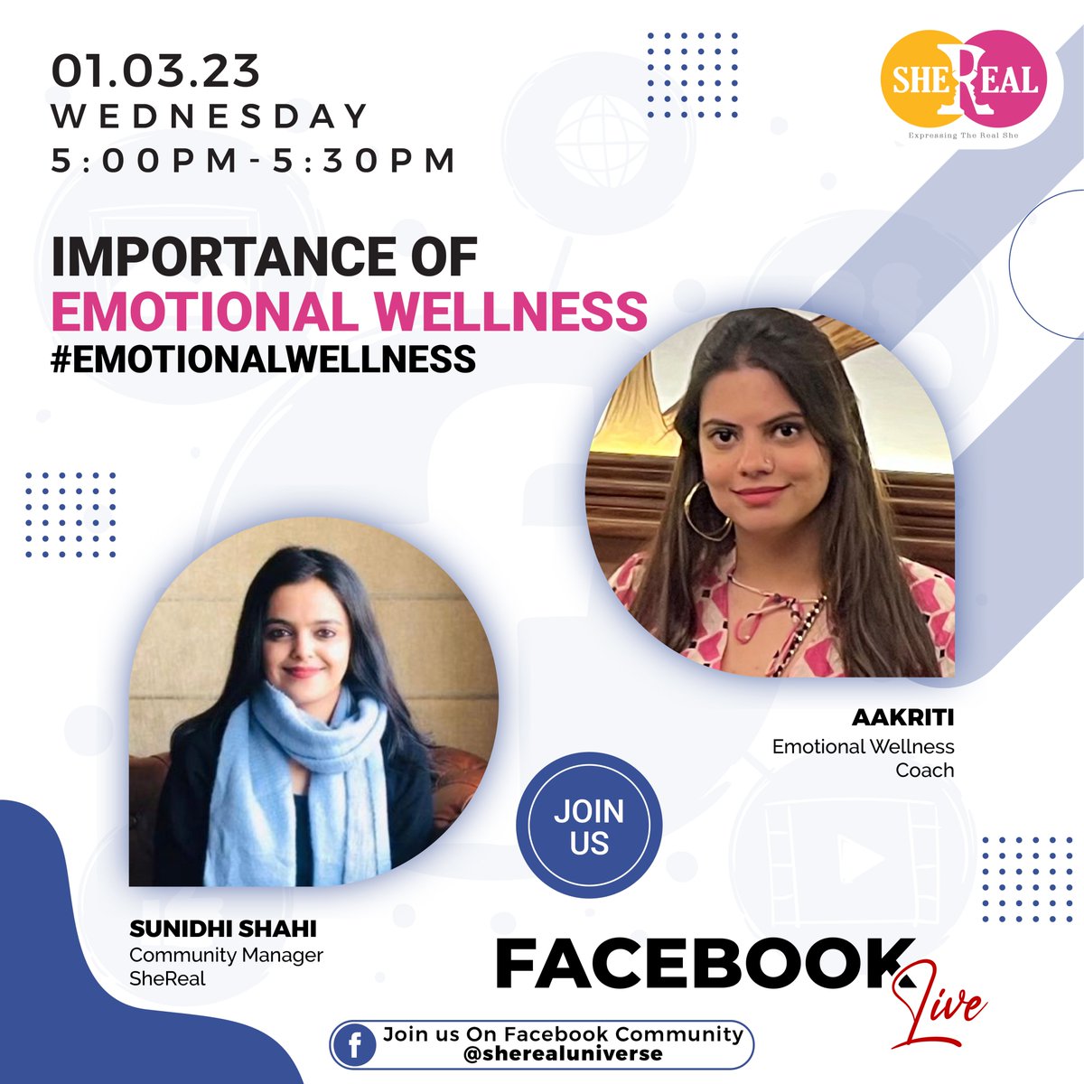 theshereal's tweet photo. Hi Everyone!
We are coming live on our Facebook community SheReal- Women Networking Platform with 
Aakriti (Emotional Wellness Coach)
When: 01/03/23
Time: 5:00 pm - 5:30 pm 
Day: Wednesday 
#shereal #NationalScienceDay2023 #electionresults2023 #NorthernLights #protest #NFTs #ETH https://t.co/5ZxcxSzzeO