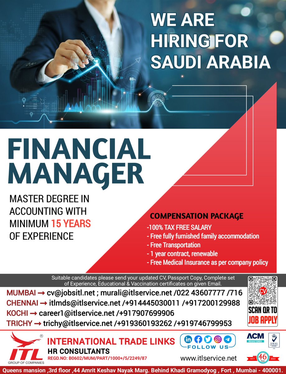 JOB VACANCY FOR #saudiarabia

CLICK ON LINK TO APPLY JOB > bit.ly/3GxjQNp
Learn more :
itlservice.net

#ksajobs #saudijobseeker #financejobs #financialmanager #accountant #financejob