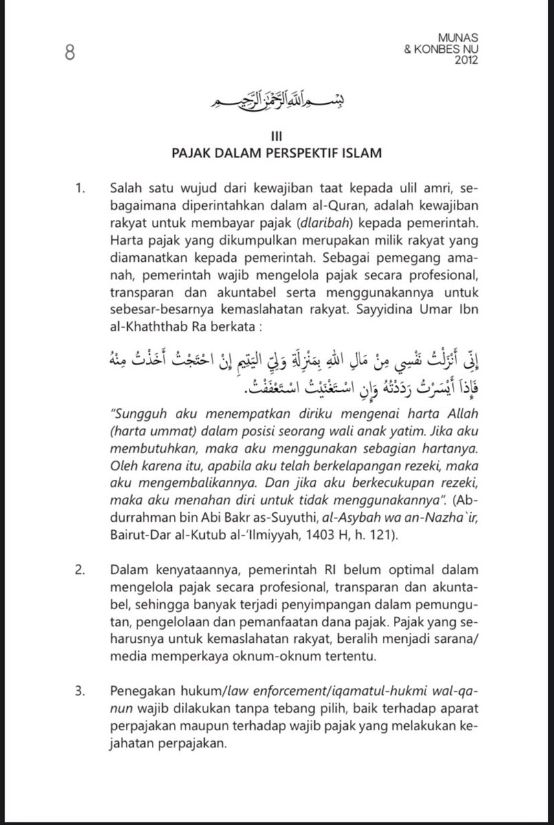 Tahun 2012, pd forum Musyawarah Alim Ulama NU ada keputusan menarik soal pajak. Ini ada tiga keputusan. 

1. Keputusan Bathsul Masail Maudluiyyah (tematik) yg isinya bgn: 

Pertama, pajak bersifat wajib dibayarkan dg tujuan untuk kemaslahatan. Jika tidak bgm? Menarik jawabannya.