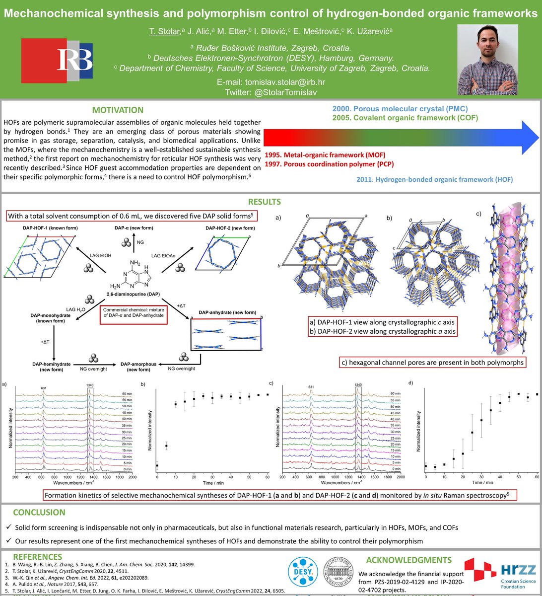 My #RSCPoster "Mechanochemical synthesis and polymorphism control of hydrogen-bonded organic frameworks" #RSCMat #RSCOrg 
Out in <a href="/CrystEngComm/">CrystEngComm</a> 👉 tinyurl.com/yjzuvtr4
🔥 topic of ♻️ mechanochem     polymorph screening in 💎 porous materials
<a href="/JasnaAlic/">Jasna Alić Stolar</a> <a href="/KrunoslavU/">Krunoslav Užarević</a> <a href="/p021_desy/">P02.1 DESY</a>