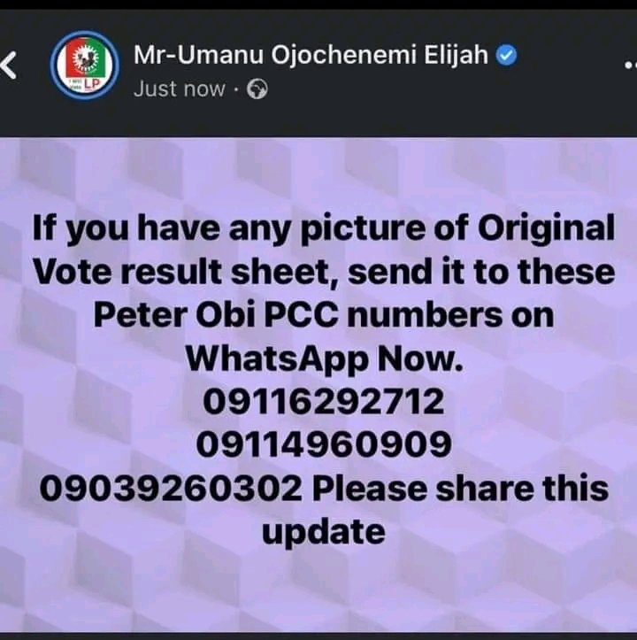 viktorick's tweet photo. Send the original vote results sheets to these Peter Obi PCC numbers below 👇
Retweet to reach others.
Arise TV | #CongratulationsObidatti | #LPandAPC | Japa https://t.co/z5yxrZyNkx
