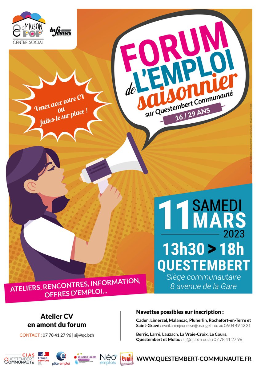 Jeunesse | A la #recherche d'un #Job d'été ? 
Le SIJ organise un forum de l'#Emploi saisonnier pour les jeunes de 16 à 29 ans. 
🔶Samedi 11 mars de 13h30 à 18h, Siège communautaire à Questembert
👉+ infos : qc.bzh/forum-emploi-s…
@Pole_Emploi_BZH <a href="/MLPV56/">Mission Locale du Pays de Vannes</a>